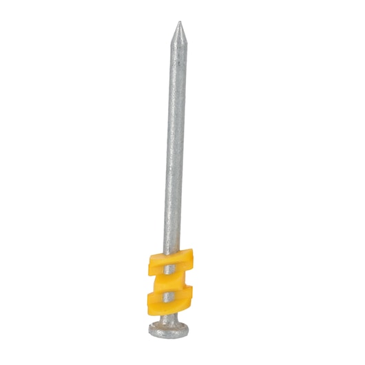 A single metal nail with a yellow plastic collar around the shaft, shown against a white background.