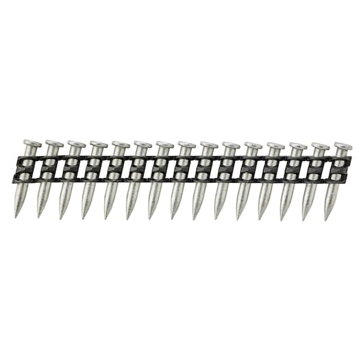Strip of collated steel nails with plastic holder for use in power tools, shown against a white background.