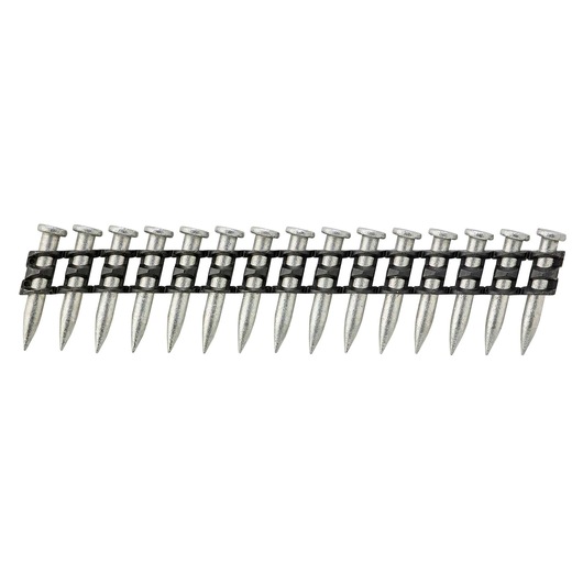 A strip of collated steel nails in a plastic holder, used for fastening applications with compatible nail guns.