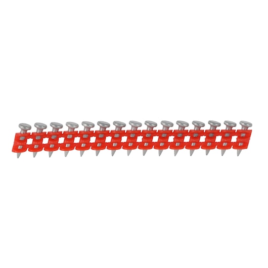 Strip of metal nails held in a red plastic strip for use in a nail gun. The nails are evenly spaced and aligned.