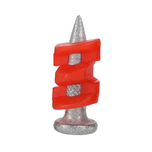 Single silver nail with spiral red plastic wrap, used for fastening in construction.