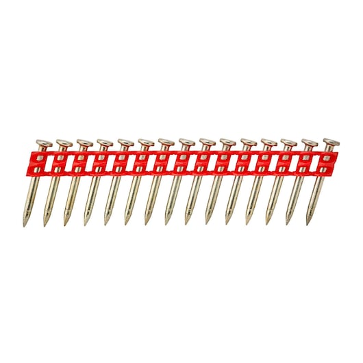 Collated nails with flat heads held together by a red plastic strip, used in nail guns for construction.