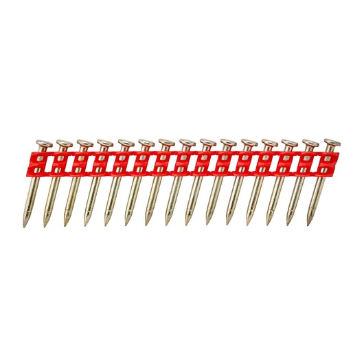 A row of DEWALT collated nails with a red plastic strip for use in a nail gun, shown on a white background.