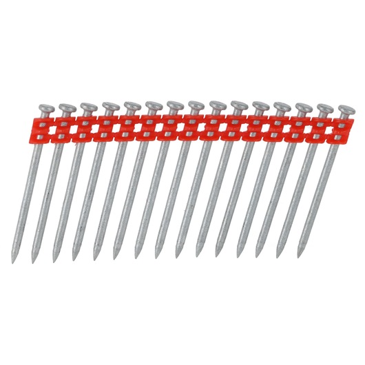 Strip of collated steel nails with a red plastic holder for use in nail guns.