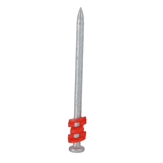 Single metallic nail with a pointed tip and a red plastic collar around the shaft, shown against a white background.