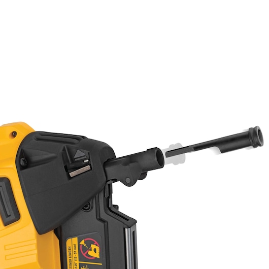 Close-up of a DEWALT DCN890P2 tool showing its adjustable nozzle attachment in motion.