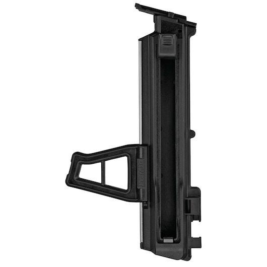 A close-up of a black DEWALT magazine attachment for a power tool, shown in a vertical position against a white background.