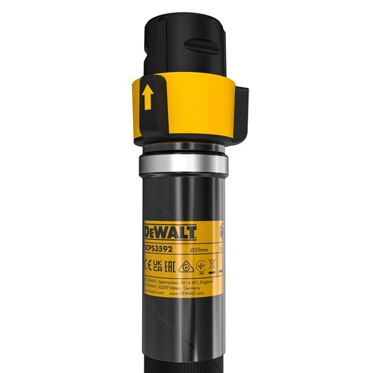 Close-up of DEWALT DCPS3592 pole, showing yellow safety collar and product label with specifications.
