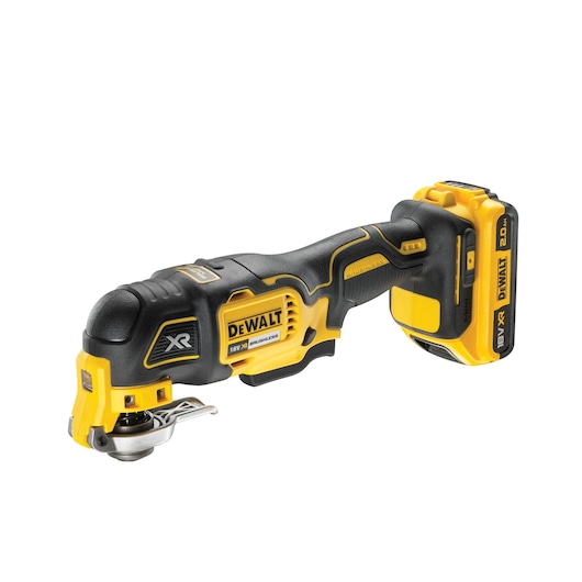 DEWALT DCS355D2 cordless oscillating multi-tool with 18V battery, black and yellow design.