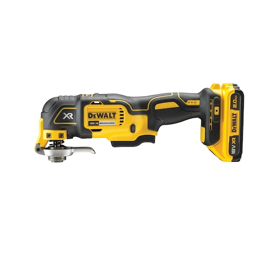 DEWALT cordless oscillating multi-tool, yellow and black, with battery attached, side view on white background.