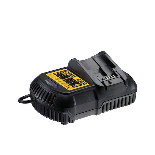 DEWALT black battery charger with yellow label for power tools, SKU DCS355D2. Compact and durable design.