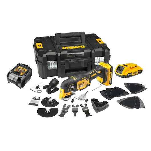 A DEWALT DCS355D2 oscillating multi-tool kit is displayed, including the yellow and black cordless tool, a black hard carrying case with DEWALT branding, a battery charger, a spare battery pack, several sanding pads, and an assortment of blades and accessories.