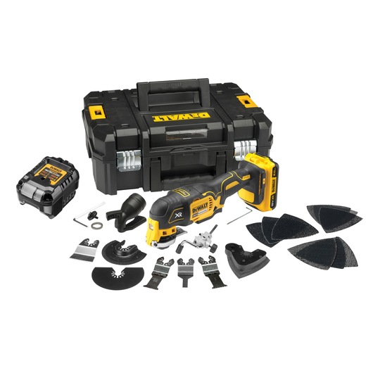 DEWALT DCS355D2 cordless oscillating multi-tool kit, shown with black and yellow tool, accessories including various blades and sanding pads, battery, charger, and carrying case.