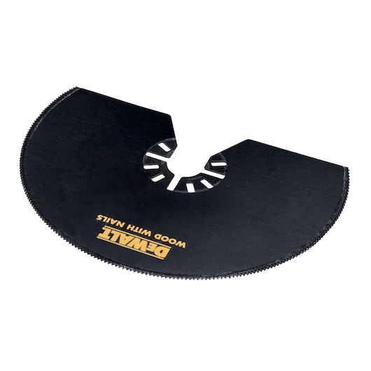 Black DEWALT oscillating saw blade for cutting wood with nails, semicircular with fine teeth.