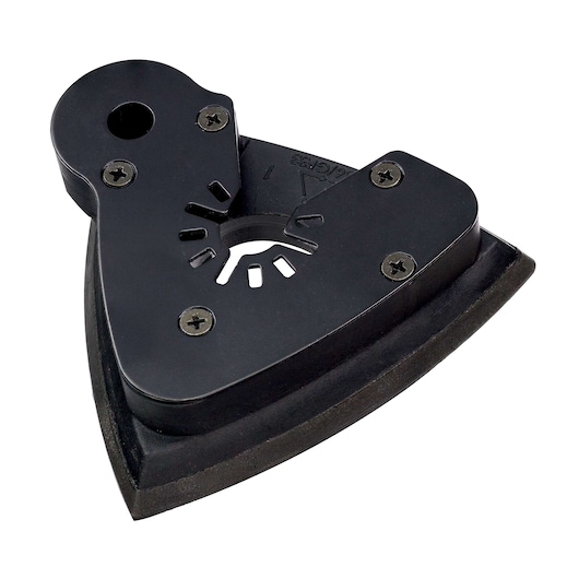 Black DEWALT sanding pad attachment for DCS355D2 multi-tool, triangular shape.