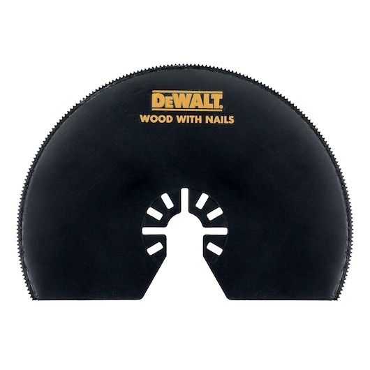 DEWALT semicircular saw blade for cutting wood with nails, black with brand name and usage text.