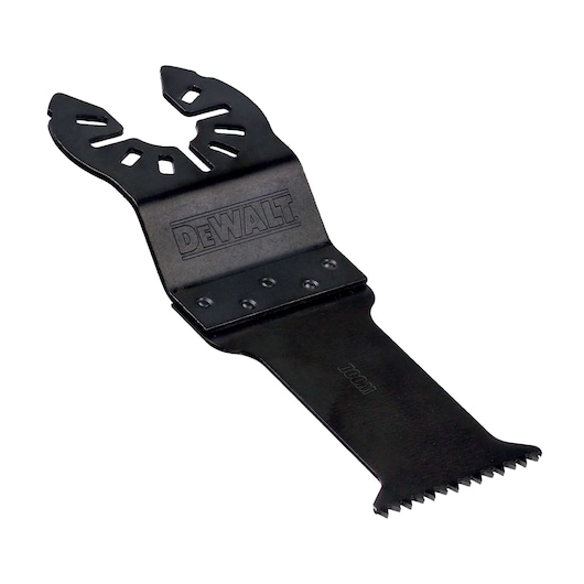 DEWALT oscillating tool blade attachment, black with serrated edge, shown on white background.