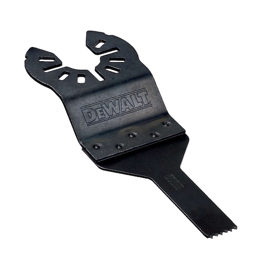 Black DEWALT oscillating tool blade with grooved connector and toothed edge.