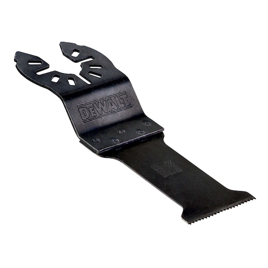 DEWALT oscillating tool blade accessory, black metal, with a serrated edge for cutting applications.
