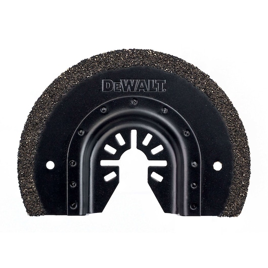 DEWALT semicircular carbide blade for oscillating tools, used for grout removal and cutting hard materials.