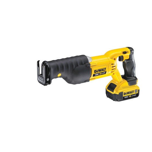A yellow and black DEWALT cordless reciprocating saw with a battery attached, model DCS380M2, designed for cutting tasks.