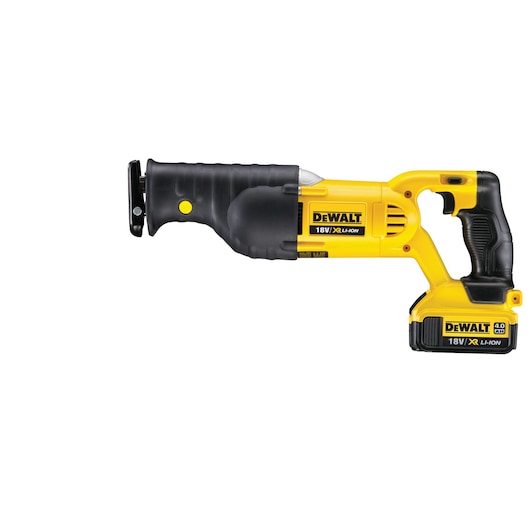 DEWALT 18V XR cordless reciprocating saw with black and yellow grip and battery, side view against white.