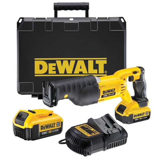 DEWALT cordless reciprocating saw kit with batteries, charger, and carrying case.