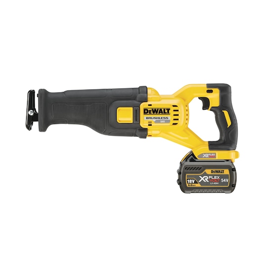 DEWALT brushless cordless reciprocating saw with 54V XR FLEXVOLT battery, yellow and black design.