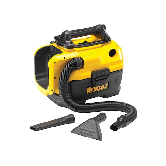 DEWALT portable vacuum cleaner with hose and two nozzle attachments shown on a white background.