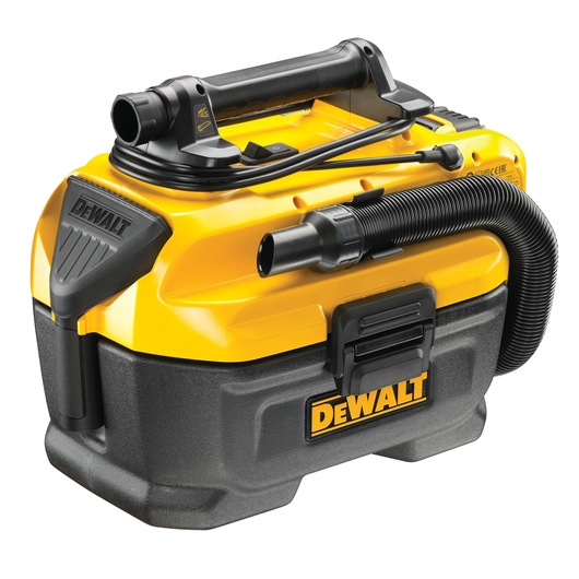 Compact DEWALT wet and dry vacuum with a handle and hose, yellow and black design, suitable for jobsite cleaning.