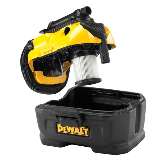DEWALT DCV582 wet and dry vacuum with filter, lifted from black base, suitable for workshop or jobsite cleaning.