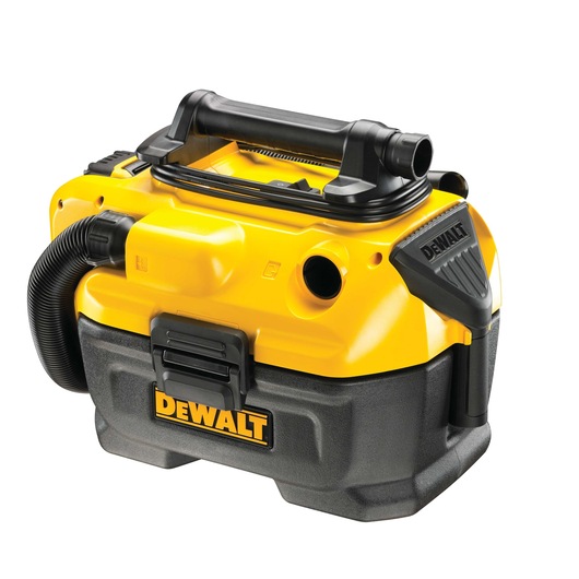 DEWALT DCV582 portable yellow and black vacuum cleaner with hose and handle.