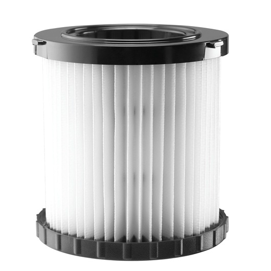 Cylindrical vacuum filter with pleated white paper and black plastic ends, suitable for DEWALT DCV582.