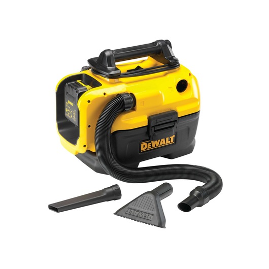 DEWALT portable vacuum cleaner with flexible hose and two interchangeable nozzles on a white background.