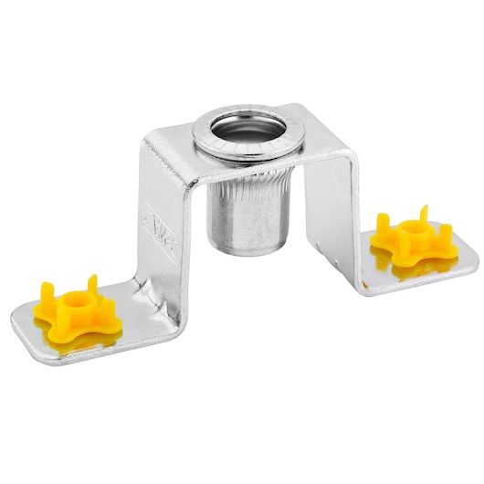 A metal bracket with a central cylindrical mount and two yellow plastic fastening clips on either side. The bracket appears to be a hardware component, likely used for securing or mounting objects.
