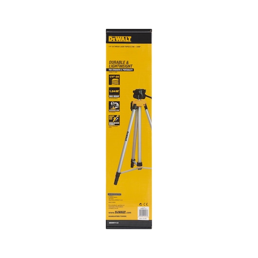 DEWALT DE0881T tripod in yellow packaging. Durable, lightweight, max height 1.84m, for photography and tools.