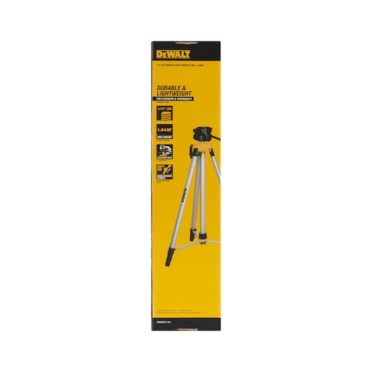 DEWALT DE0881T tripod packaging showing features, max height, and durability benefits on a yellow background.