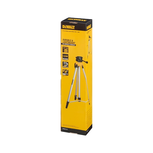 DEWALT DE0881T tripod packaging shows the product image and key features for photography or laser tool use.