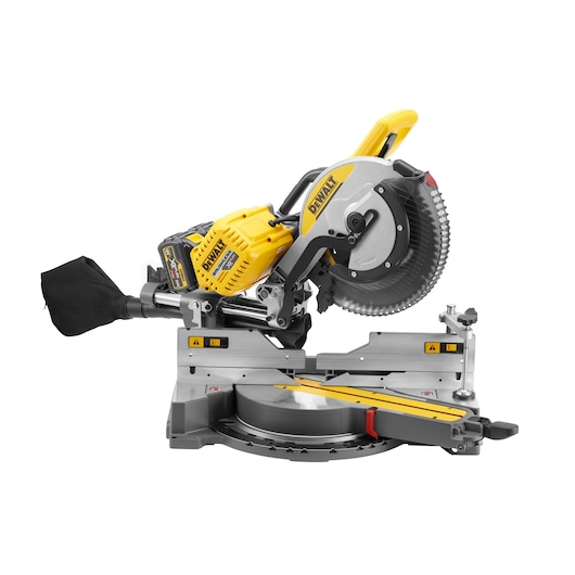 DEWALT DHS780T2 sliding compound miter saw for woodworking, yellow and silver, with dust collection bag.