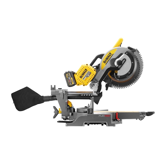 DEWALT cordless sliding compound miter saw with battery and dust bag, side view.