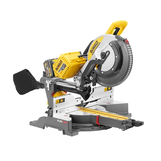 DEWALT DHS780T2 sliding miter saw with yellow and silver design, dust bag, and adjustable base.