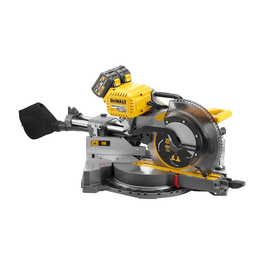 DEWALT cordless mitre saw with brushless motor, dust bag, and dual battery pack.