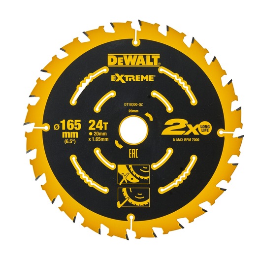 DEWALT DT10300 Extreme saw blade, 165mm diameter, 24 teeth, yellow and black color, for cutting applications.