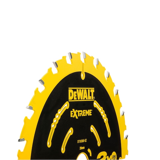 Close-up of DEWALT DT10300 Extreme saw blade with sharp teeth and yellow-black design.