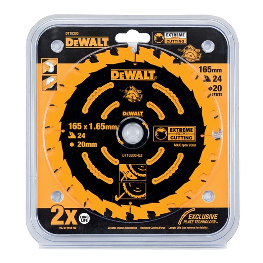 DEWALT DT10300 circular saw blade in packaging, 165mm, 24 teeth, 20mm bore, Extreme Cutting, for power tools.