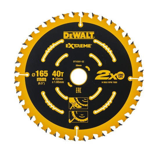 DEWALT Extreme circular saw blade, model DT10301, 165mm diameter with 40 teeth. The blade is black with yellow accents and markings, suitable for woodworking, featuring specifications printed on its surface.