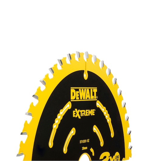 DEWALT DT10301 Extreme saw blade with sharp teeth, yellow and black, partially displayed against white.