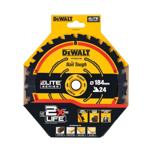 DEWALT saw blade DT10302-QZ, DT10302, Elite Series, 184mm, 24 teeth, packaging with yellow and black design.