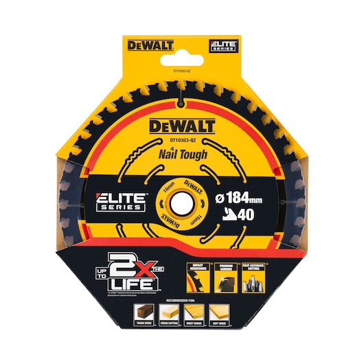 DEWALT DT10303 Elite Series saw blade, 184mm diameter, 40 teeth, in packaging for wood cutting.