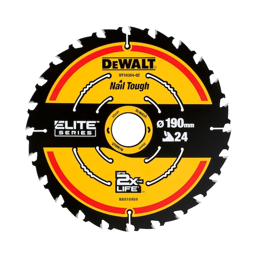 DEWALT 190mm saw blade with 24 teeth, Elite Series, Nail Tough. Black and yellow circular design.
